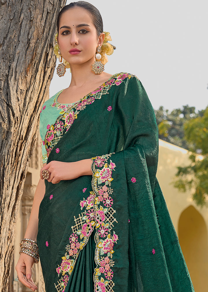 Castleton Green Tissue Organza Silk Saree with Embroidered Cutwork Border & Stone Sequins