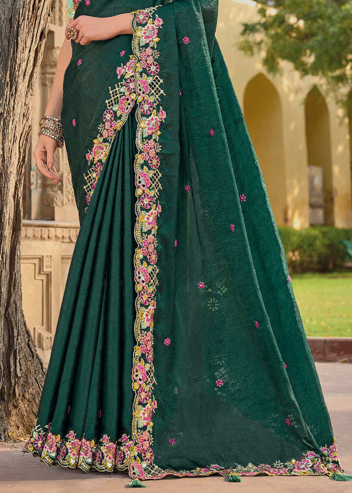 Castleton Green Tissue Organza Silk Saree with Embroidered Cutwork Border & Stone Sequins