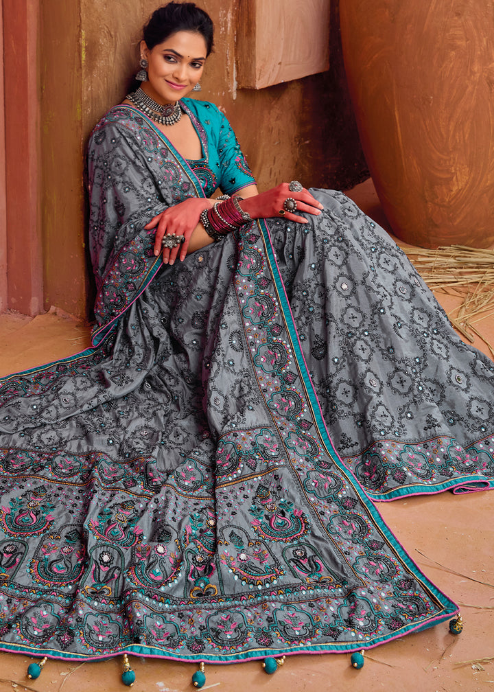 Porpoise Grey Kacchi Work Banarasi Silk Saree with Diamond & Mirror Embellishments