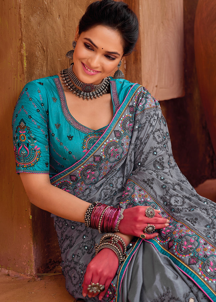 Porpoise Grey Kacchi Work Banarasi Silk Saree with Diamond & Mirror Embellishments