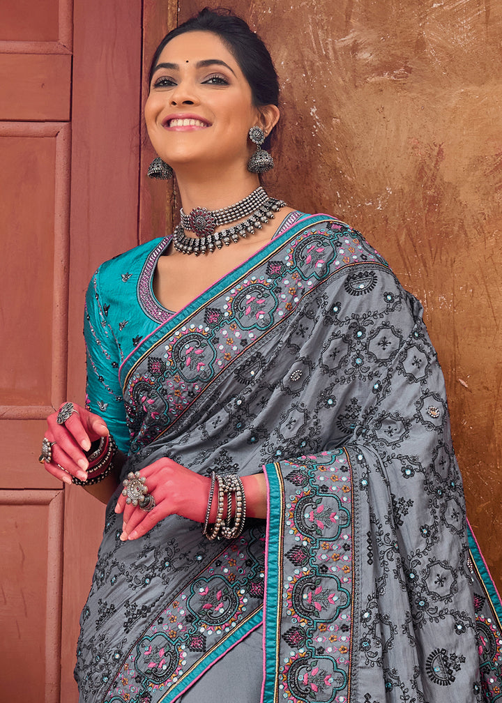 Porpoise Grey Kacchi Work Banarasi Silk Saree with Diamond & Mirror Embellishments