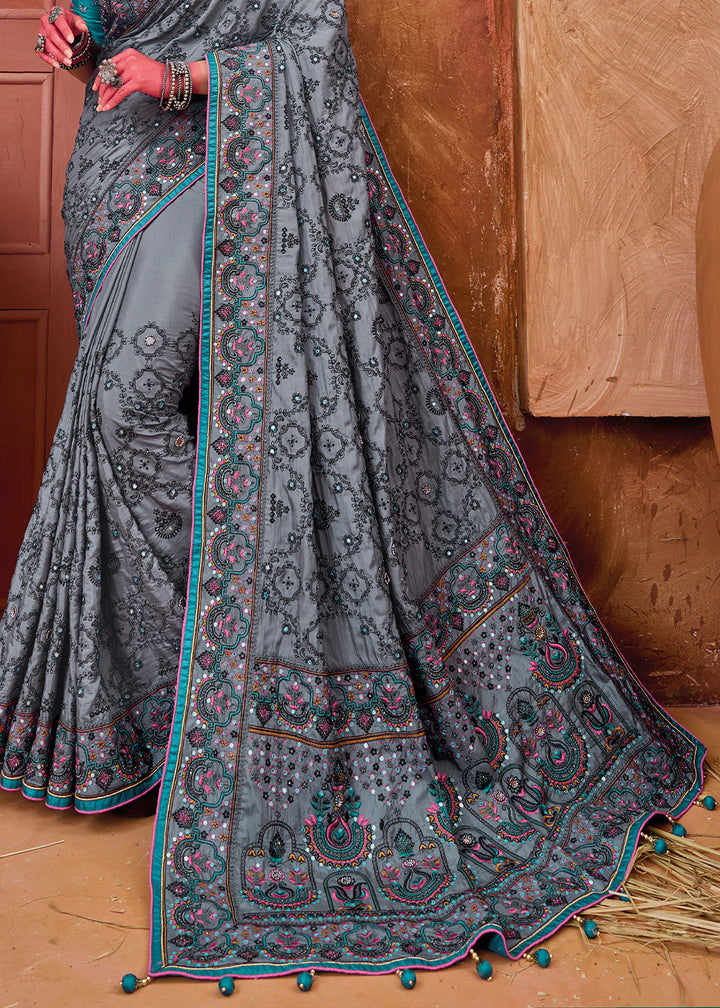 Porpoise Grey Kacchi Work Banarasi Silk Saree with Diamond & Mirror Embellishments