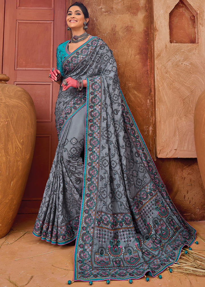 Porpoise Grey Kacchi Work Banarasi Silk Saree with Diamond & Mirror Embellishments