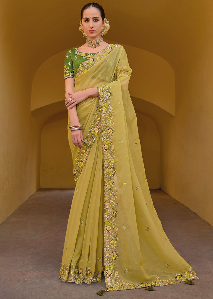 Crayola Lemon Yellow Tissue Organza Silk Saree with Embroidered Cutwork Border & Stone Sequins