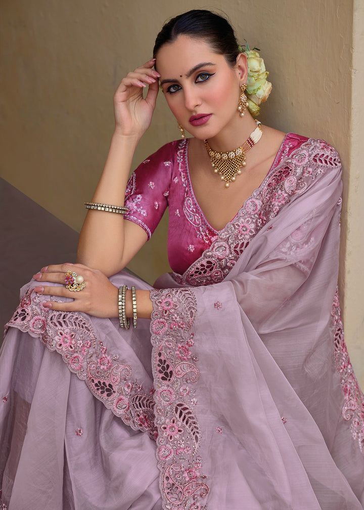 Lavender Purple Tissue Organza Silk Saree with Embroidered Cutwork Border & Stone Sequins