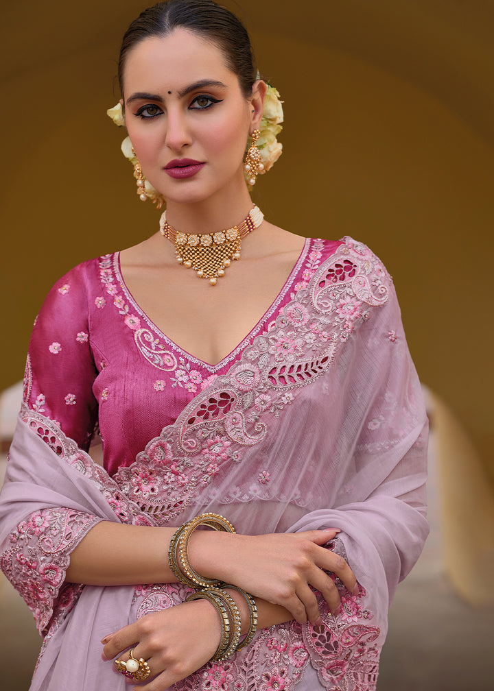 Lavender Purple Tissue Organza Silk Saree with Embroidered Cutwork Border & Stone Sequins