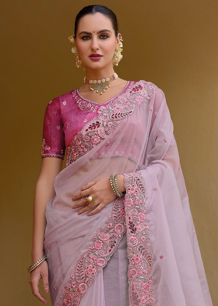 Lavender Purple Tissue Organza Silk Saree with Embroidered Cutwork Border & Stone Sequins