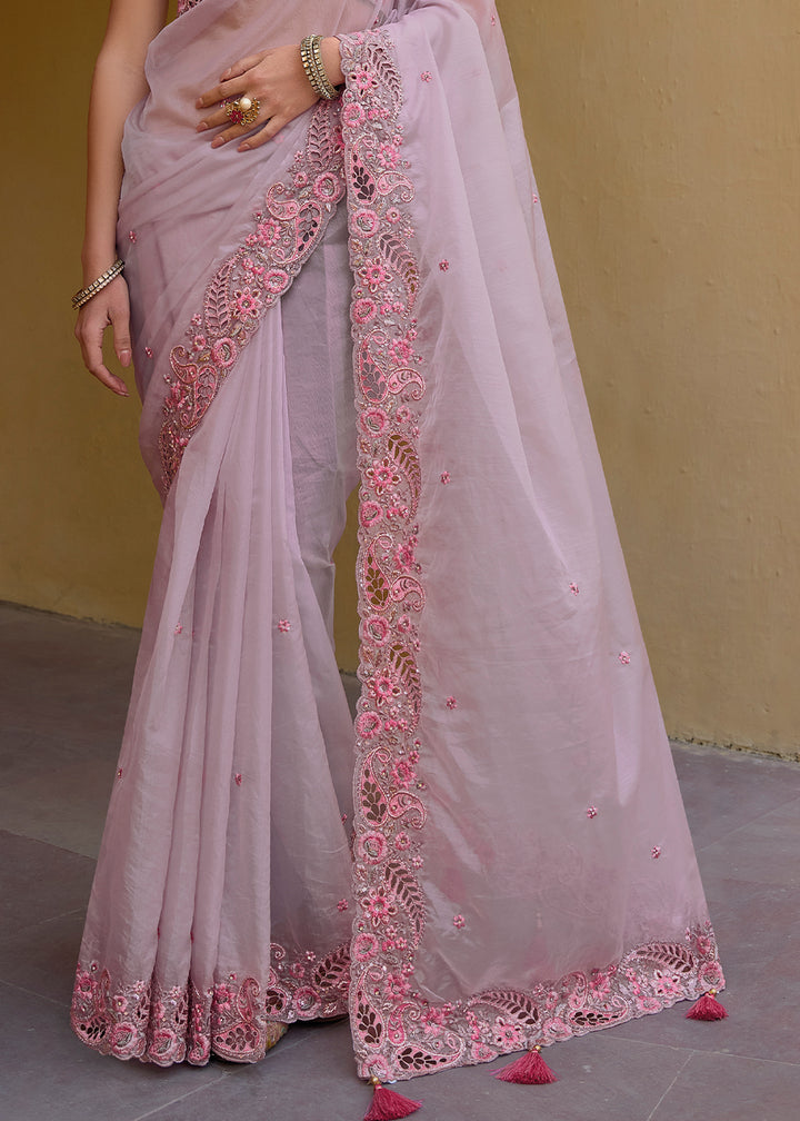 Lavender Purple Tissue Organza Silk Saree with Embroidered Cutwork Border & Stone Sequins