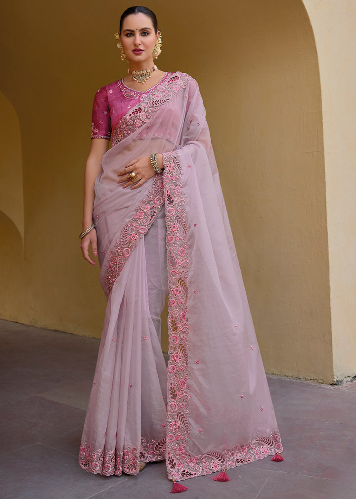 Lavender Purple Tissue Organza Silk Saree with Embroidered Cutwork Border & Stone Sequins