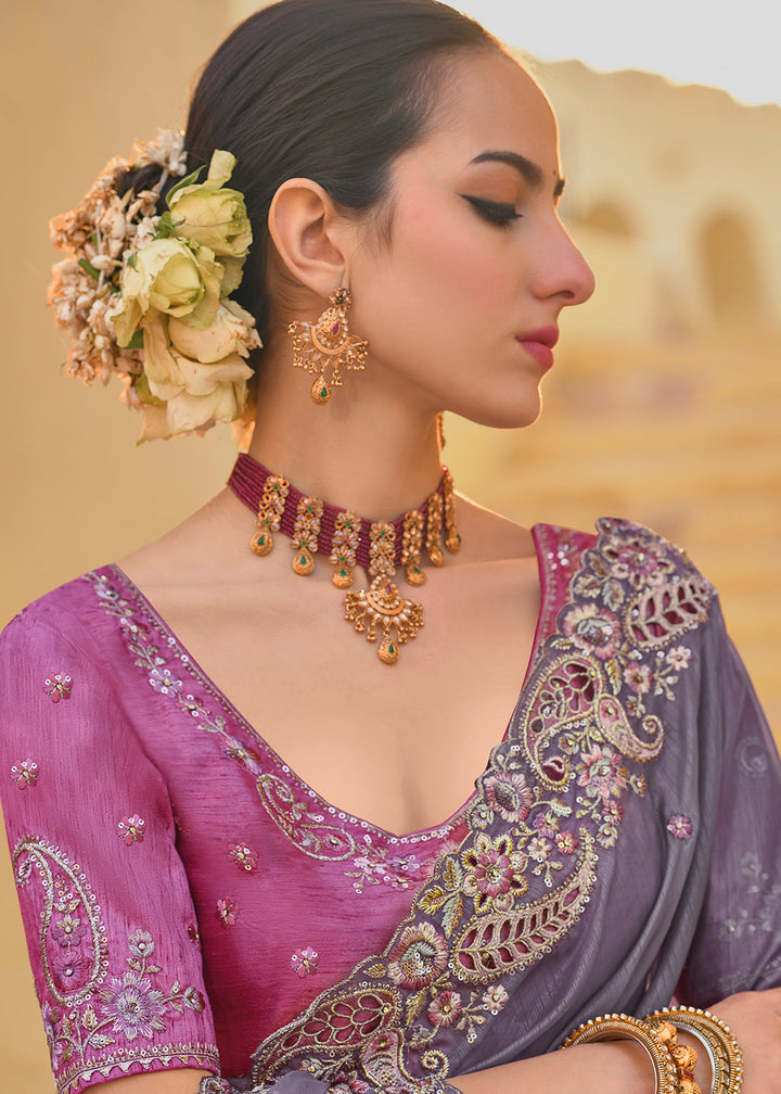 Pansy Purple Tissue Organza Silk Saree with Embroidered Cutwork Border & Stone Sequins
