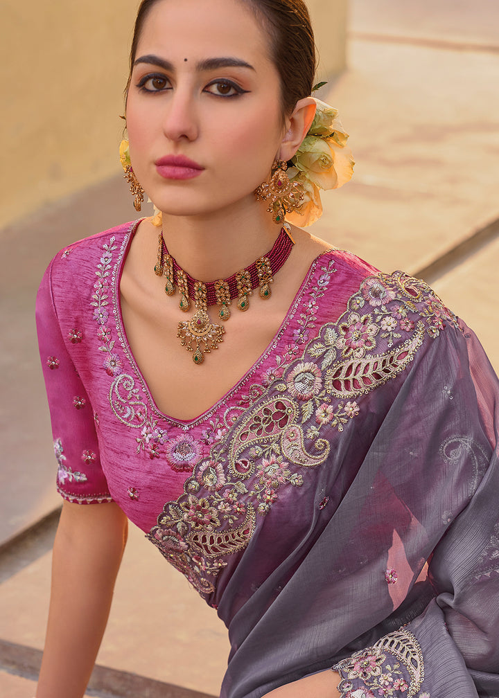 Pansy Purple Tissue Organza Silk Saree with Embroidered Cutwork Border & Stone Sequins