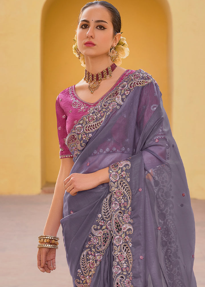 Pansy Purple Tissue Organza Silk Saree with Embroidered Cutwork Border & Stone Sequins