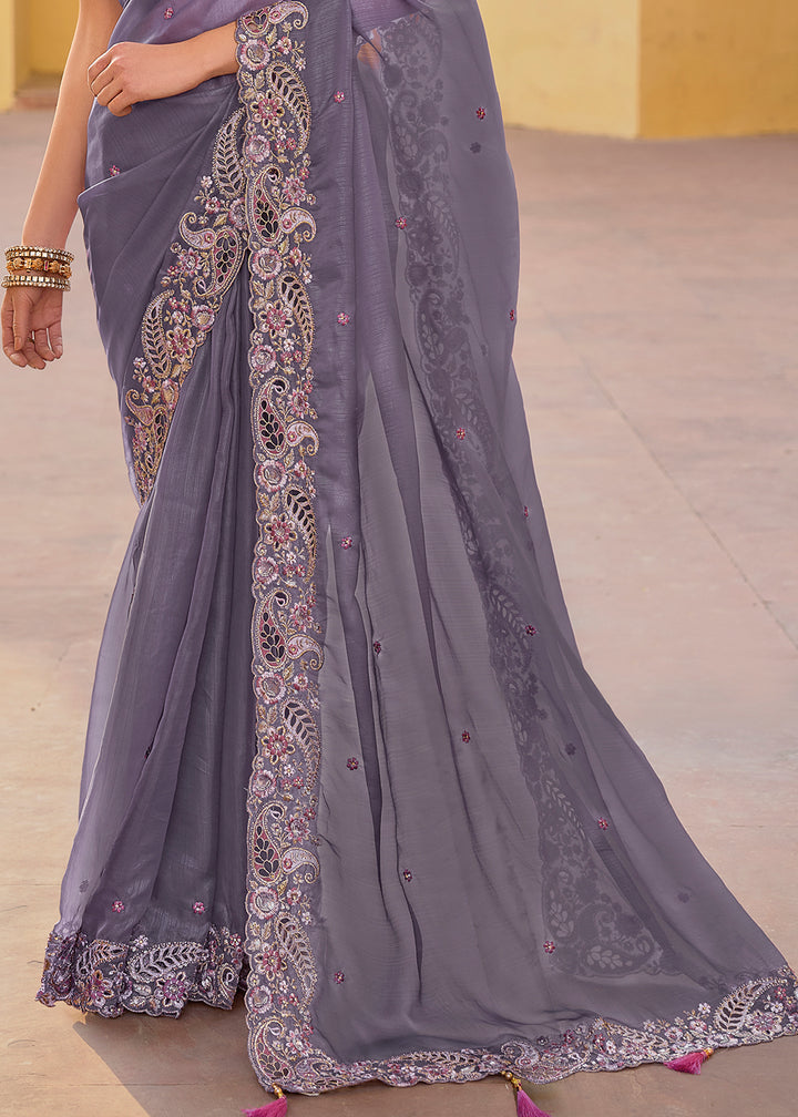 Pansy Purple Tissue Organza Silk Saree with Embroidered Cutwork Border & Stone Sequins