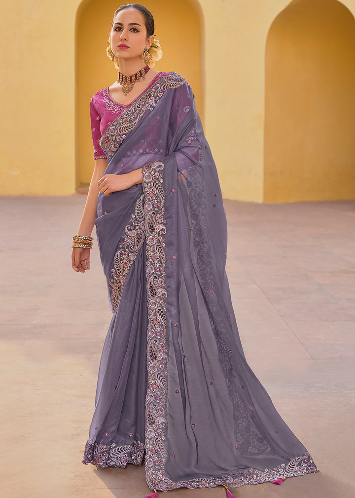 Pansy Purple Tissue Organza Silk Saree with Embroidered Cutwork Border & Stone Sequins