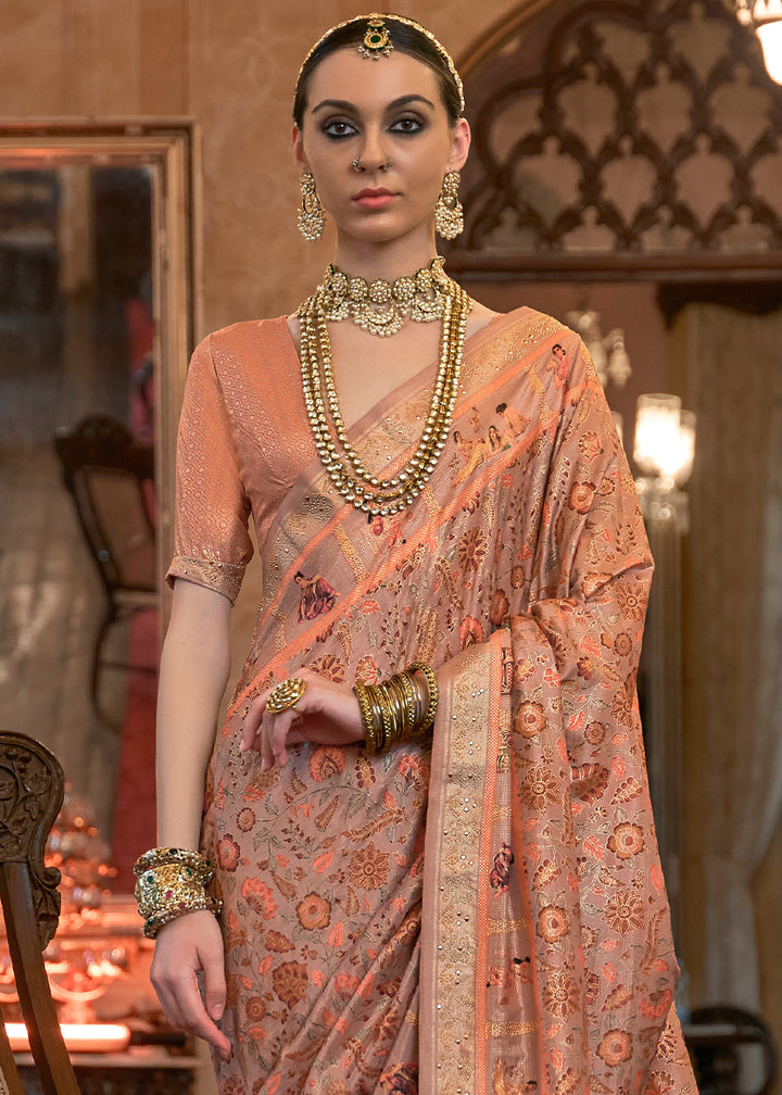 Grey & Orange Silk Saree Adorned with Floral Jaal and Zari Weaving