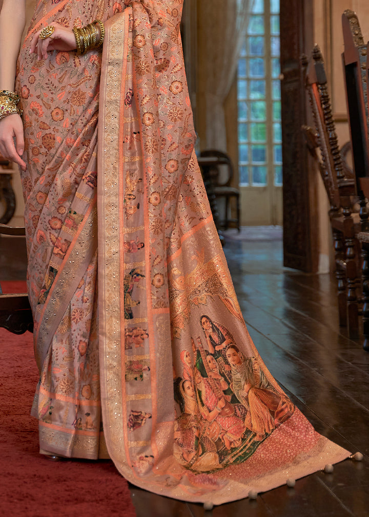 Grey & Orange Silk Saree Adorned with Floral Jaal and Zari Weaving