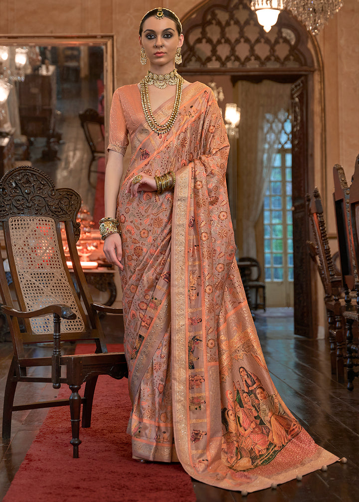 Grey & Orange Silk Saree Adorned with Floral Jaal and Zari Weaving