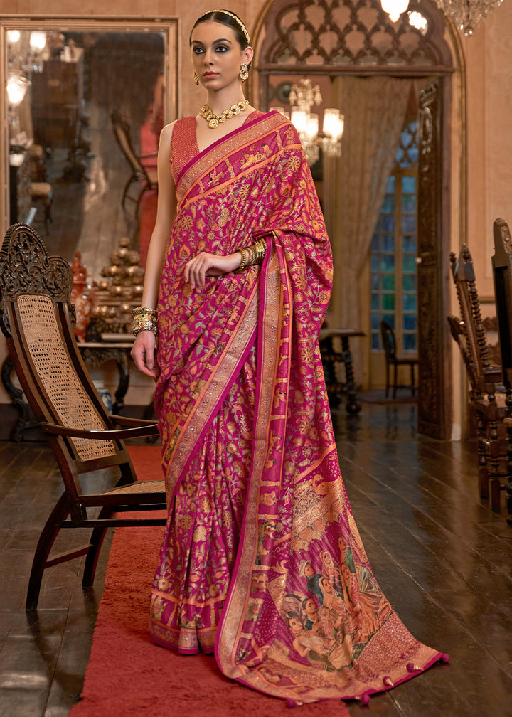 Magenta Pink Silk Saree Adorned with Floral Jaal and Zari Weaving