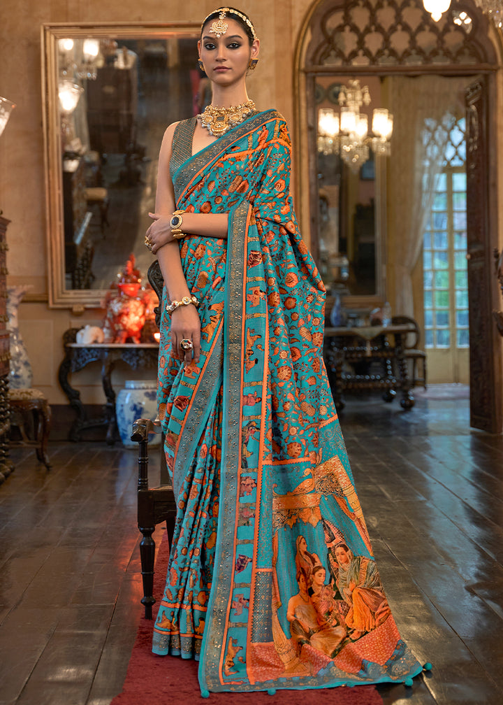 Cyan Blue Silk Saree Adorned with Floral Jaal and Zari Weaving