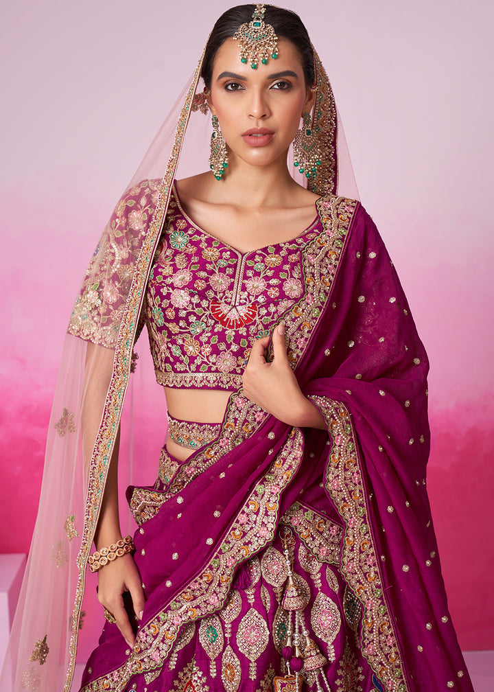 Magenta Purple Silk Lehenga Choli Adorned with Moti & Sequins Embroidery Work: Bridal Collection