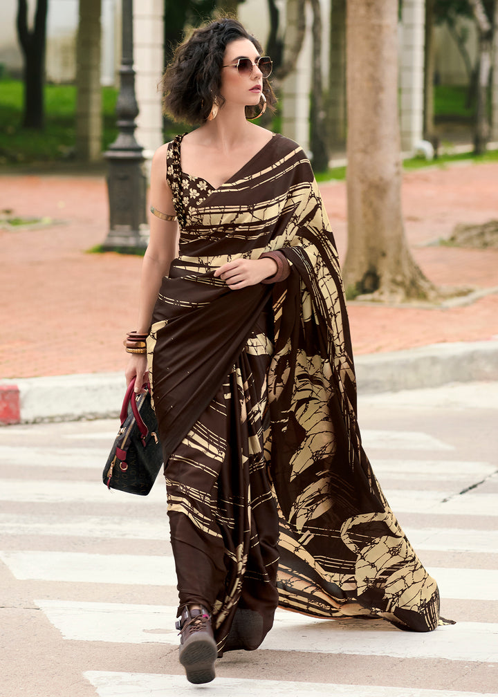 Chocolate Brown Designer Printed Satin Crepe Saree