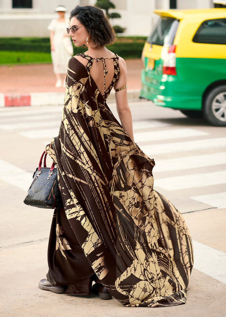 Chocolate Brown Designer Printed Satin Crepe Saree