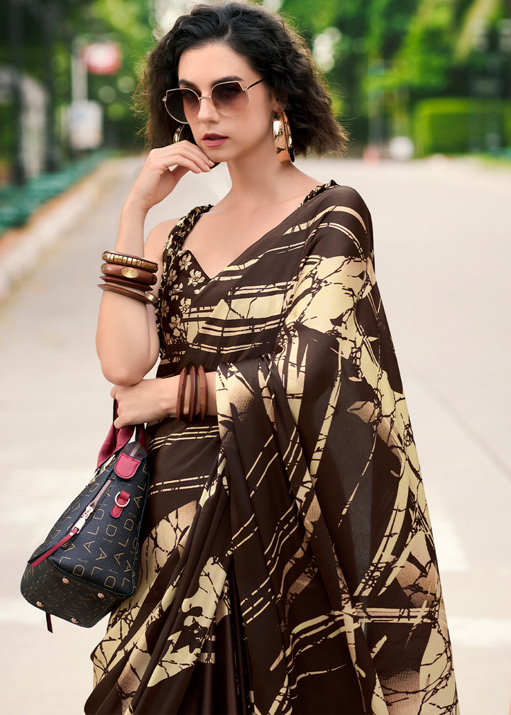 Chocolate Brown Designer Printed Satin Crepe Saree