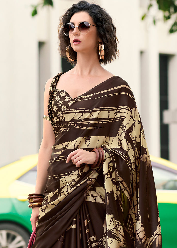 Chocolate Brown Designer Printed Satin Crepe Saree