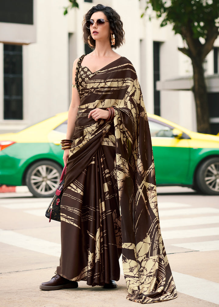 Chocolate Brown Designer Printed Satin Crepe Saree