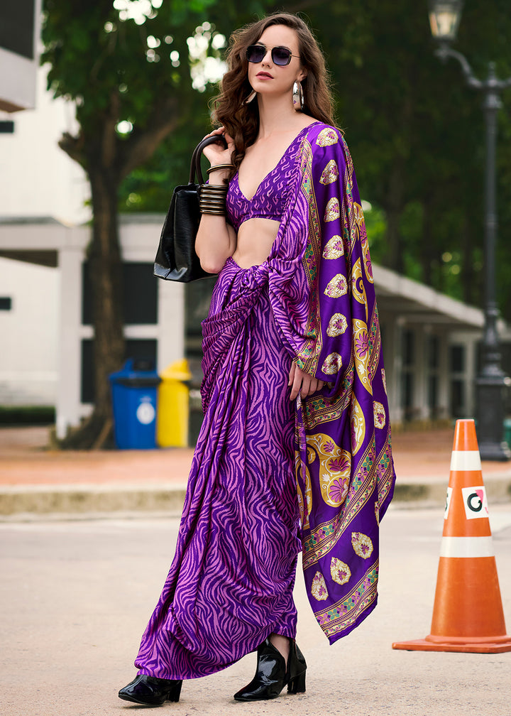 Raisin Purple Designer Printed Satin Crepe Saree