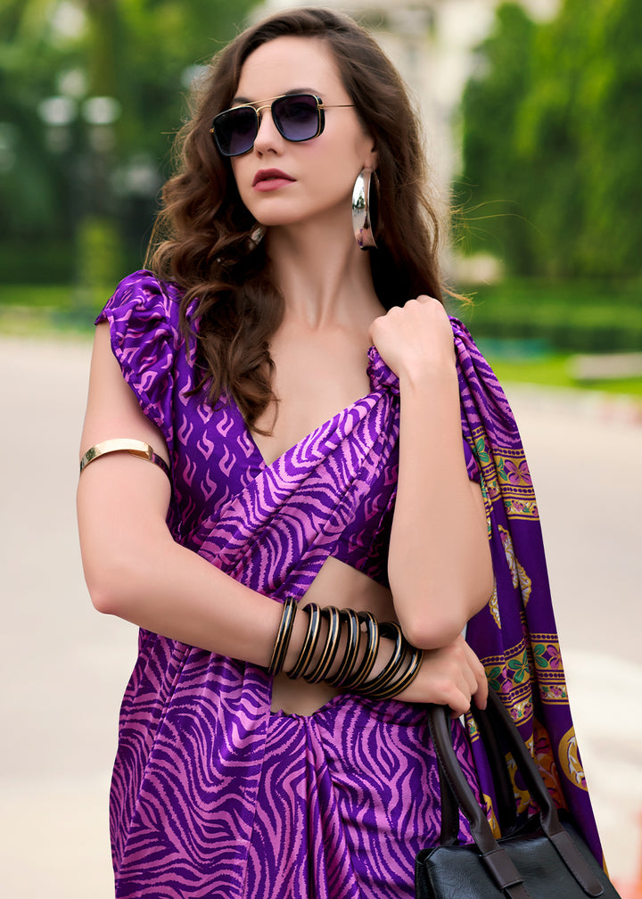 Raisin Purple Designer Printed Satin Crepe Saree