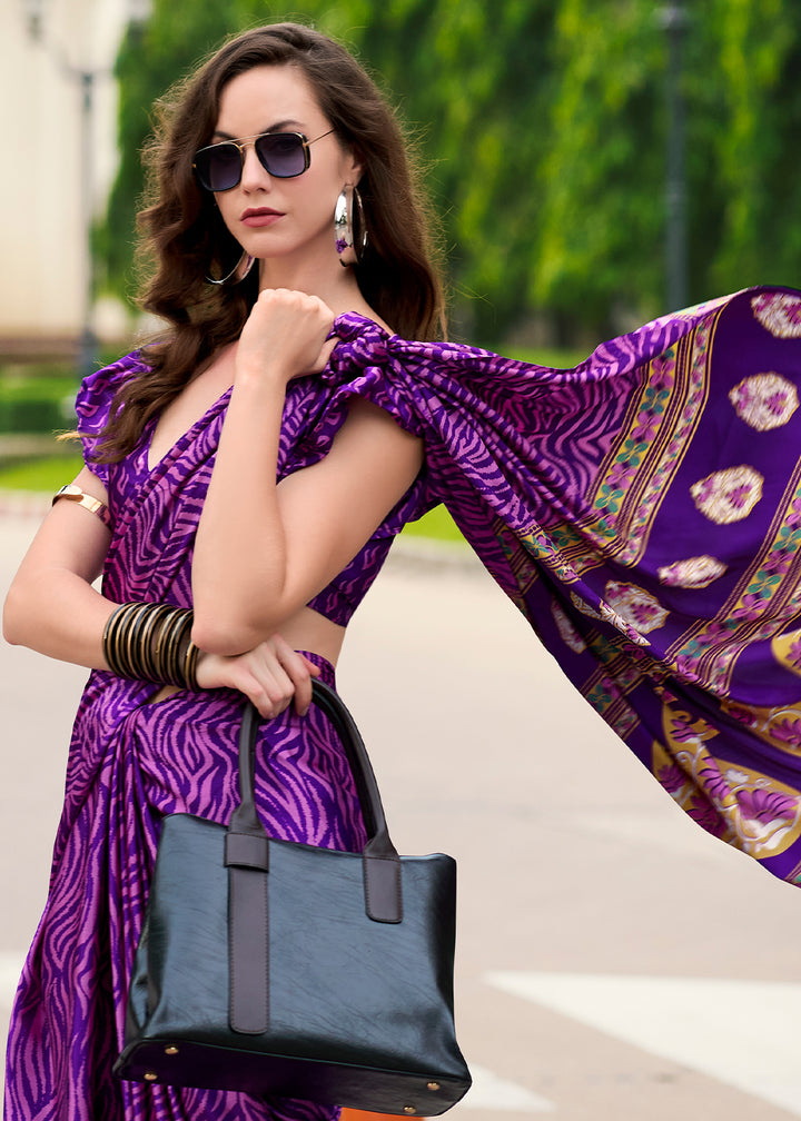 Raisin Purple Designer Printed Satin Crepe Saree