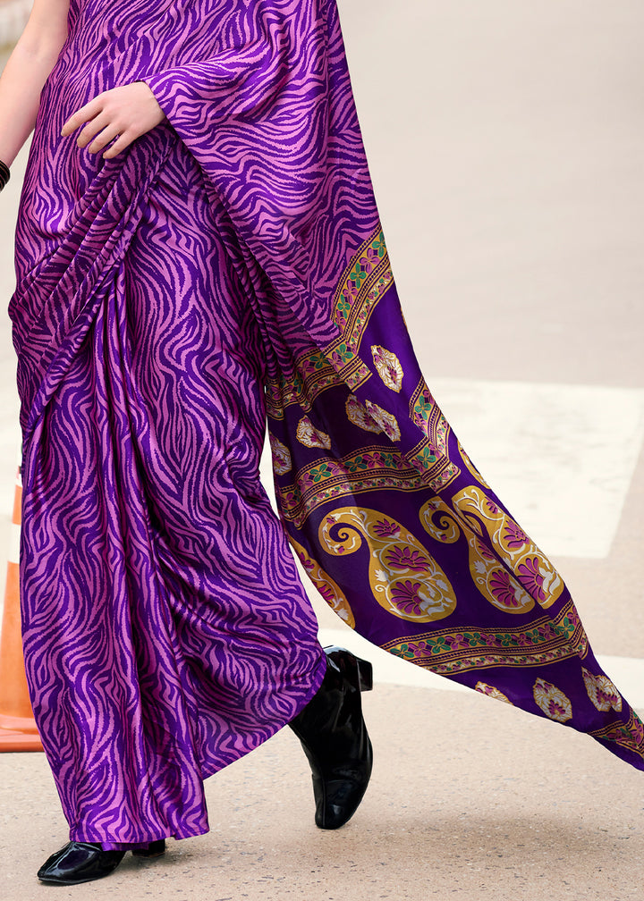 Raisin Purple Designer Printed Satin Crepe Saree
