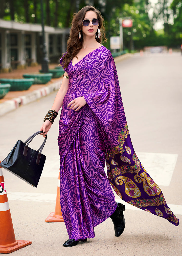 Raisin Purple Designer Printed Satin Crepe Saree