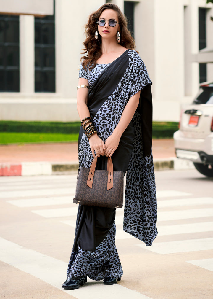 Ash Black Designer Printed Satin Crepe Saree