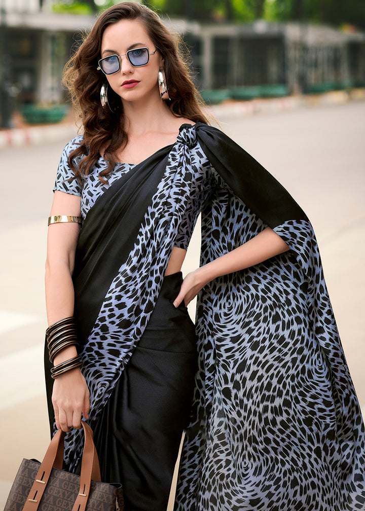 Ash Black Designer Printed Satin Crepe Saree