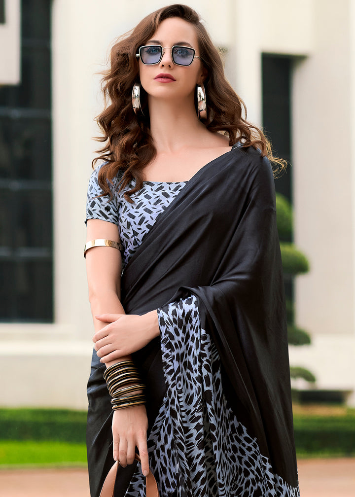 Ash Black Designer Printed Satin Crepe Saree