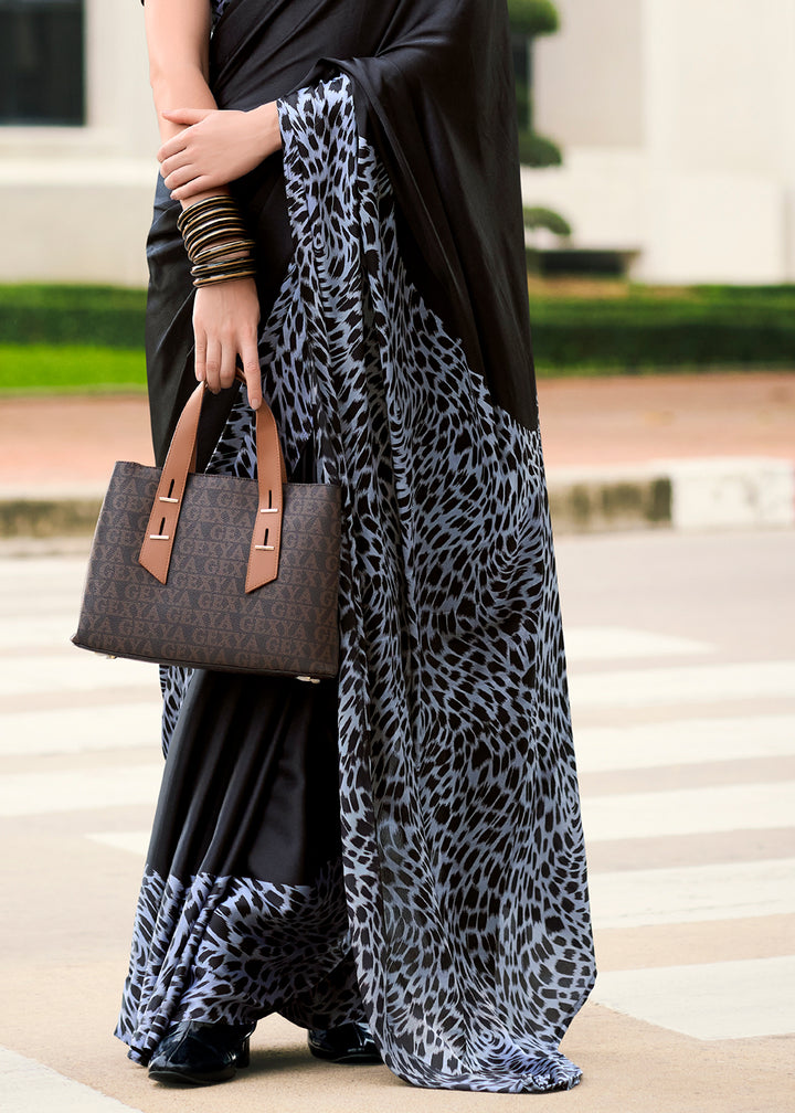 Ash Black Designer Printed Satin Crepe Saree