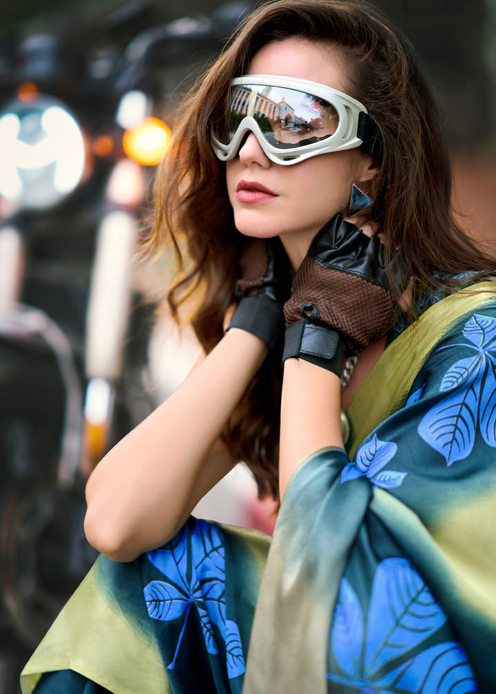 Aegean Blue Designer Printed Satin Crepe Saree