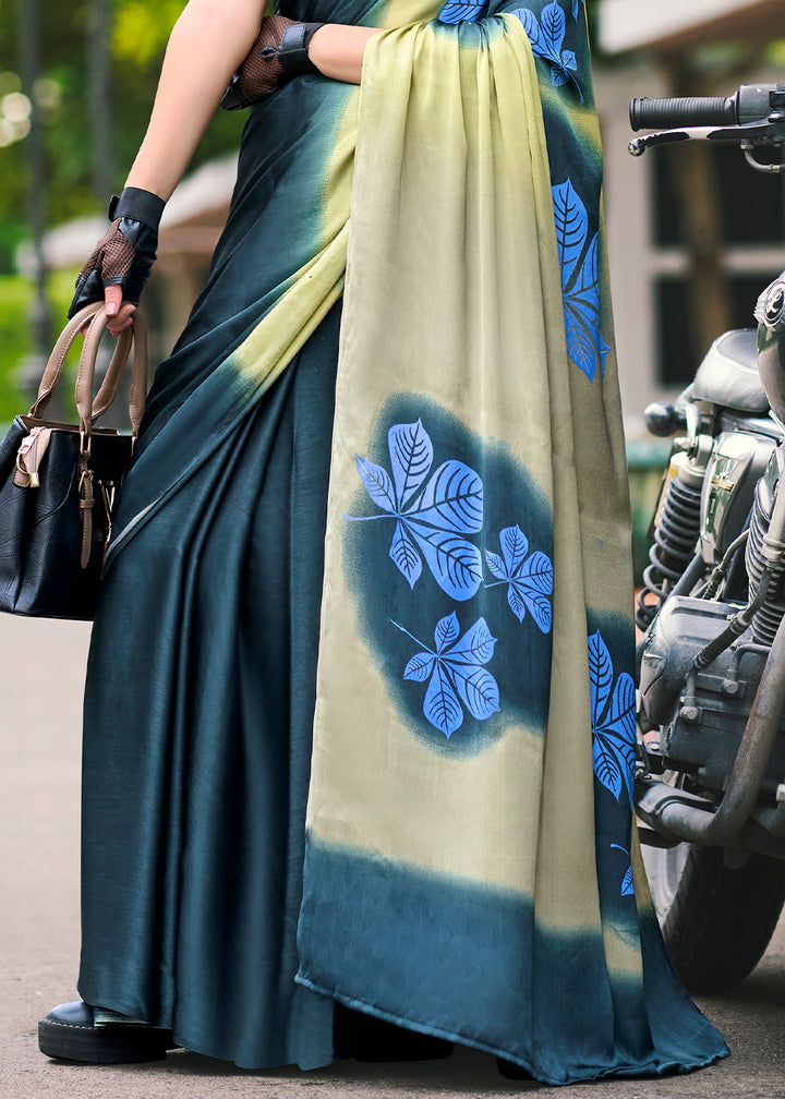 Aegean Blue Designer Printed Satin Crepe Saree