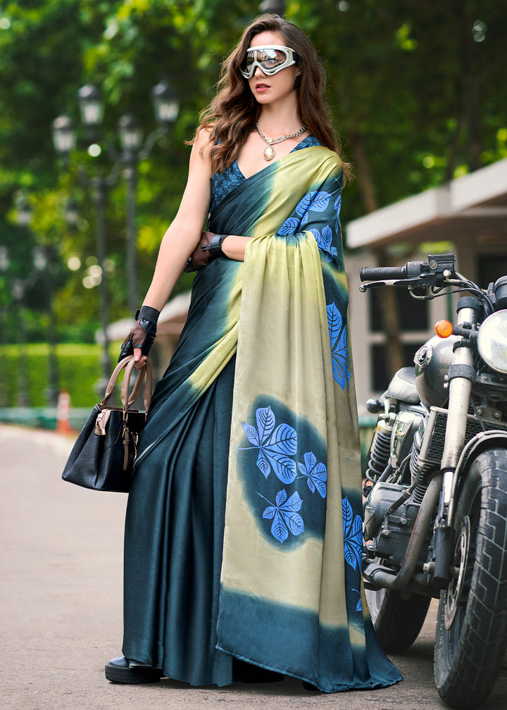 Aegean Blue Designer Printed Satin Crepe Saree