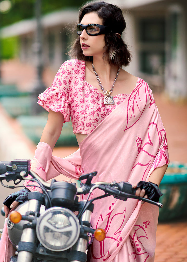 Misty Rose Pink Designer Printed Satin Crepe Saree
