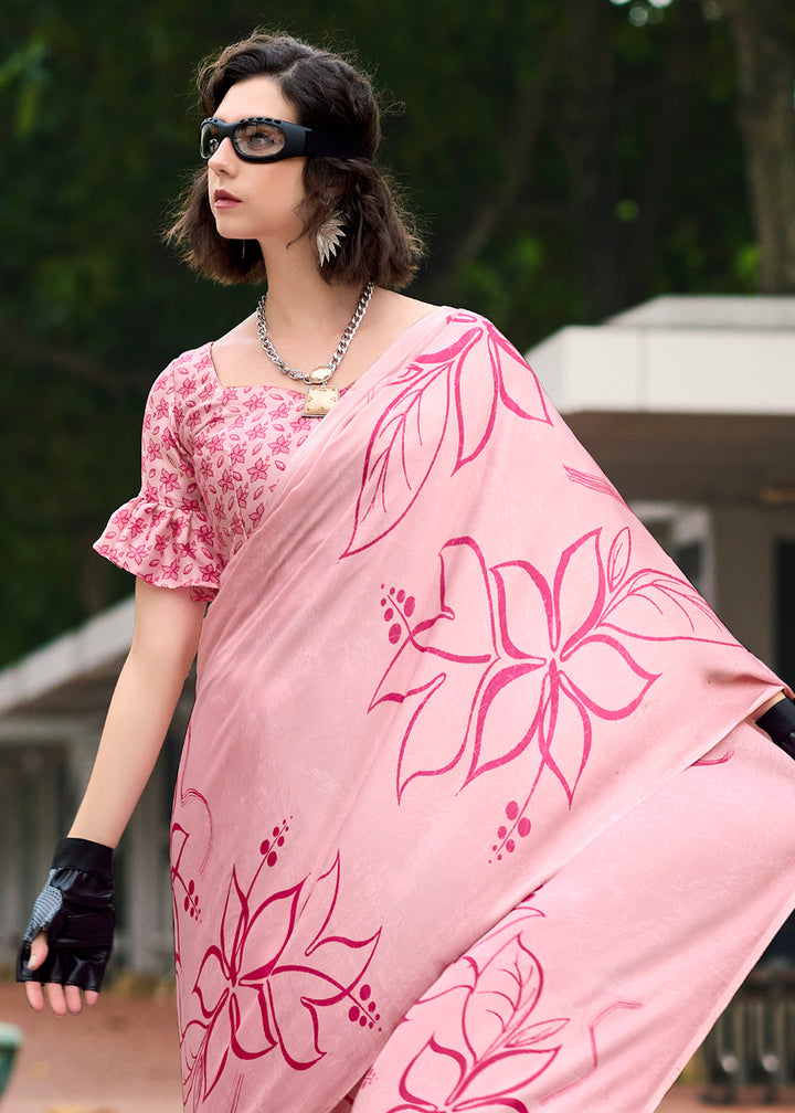 Misty Rose Pink Designer Printed Satin Crepe Saree