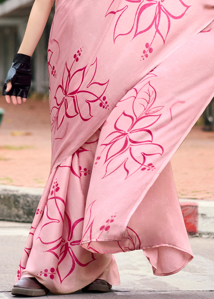 Misty Rose Pink Designer Printed Satin Crepe Saree
