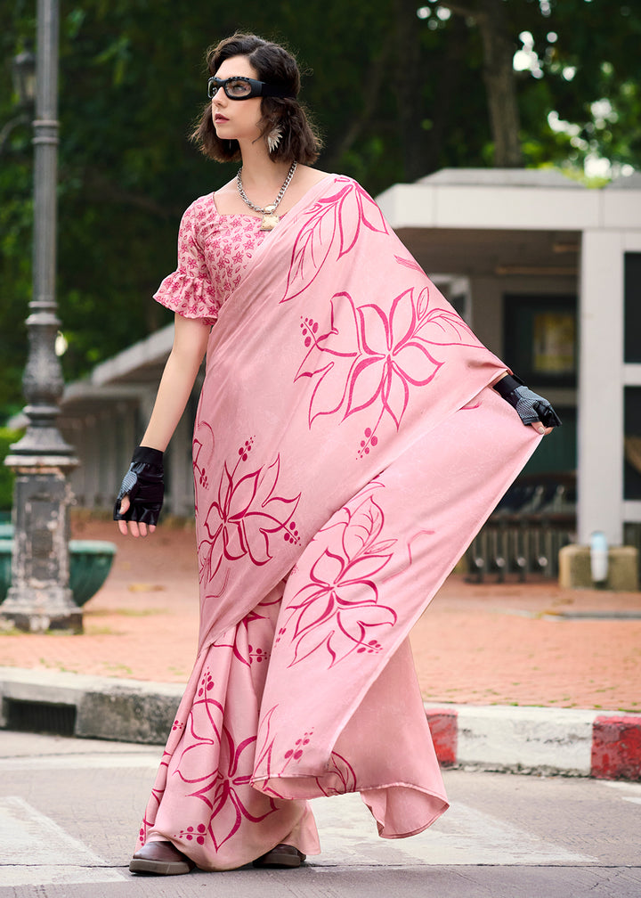 Misty Rose Pink Designer Printed Satin Crepe Saree