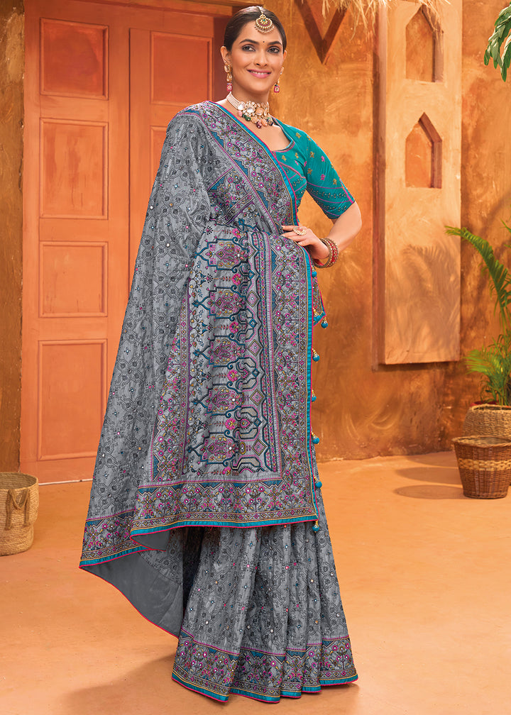 Nevada Grey Banarasi Silk Saree with Heavy Kacchi, Diamond & Mirror Accents