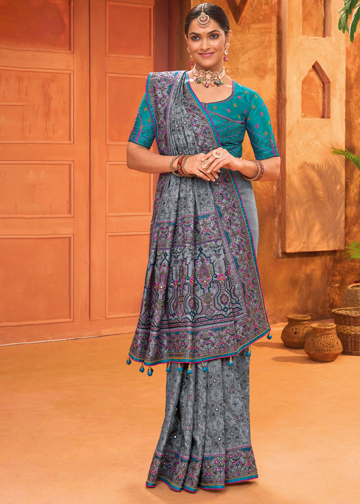 Nevada Grey Banarasi Silk Saree with Heavy Kacchi, Diamond & Mirror Accents