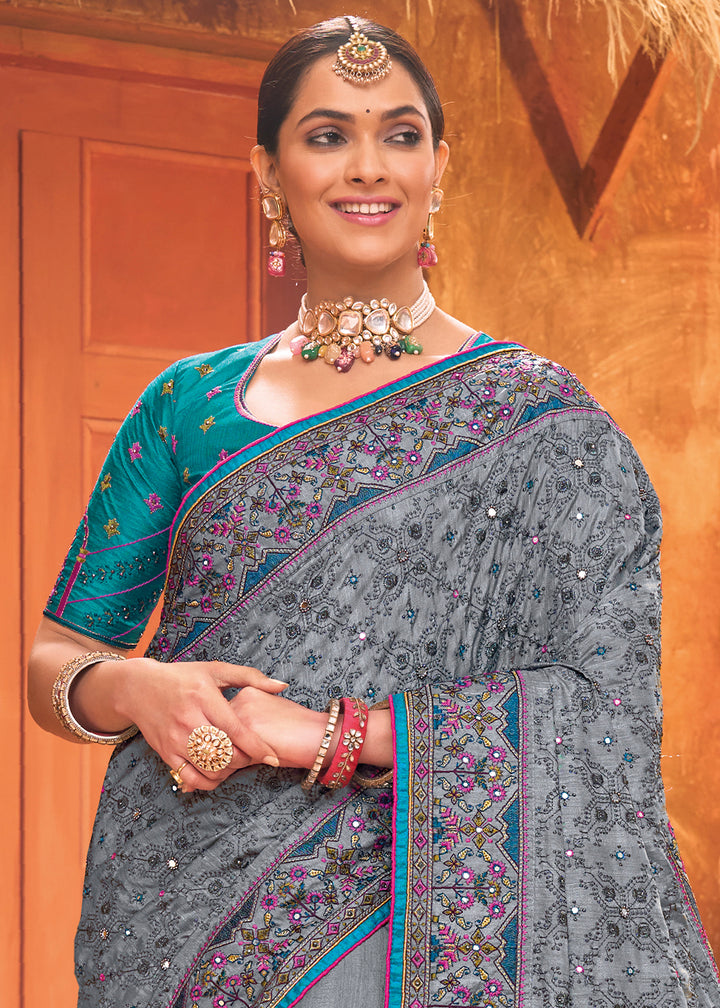 Nevada Grey Banarasi Silk Saree with Heavy Kacchi, Diamond & Mirror Accents