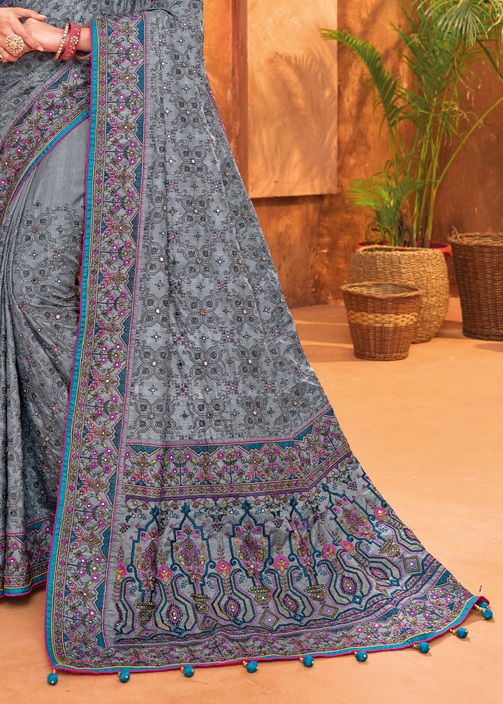 Nevada Grey Banarasi Silk Saree with Heavy Kacchi, Diamond & Mirror Accents