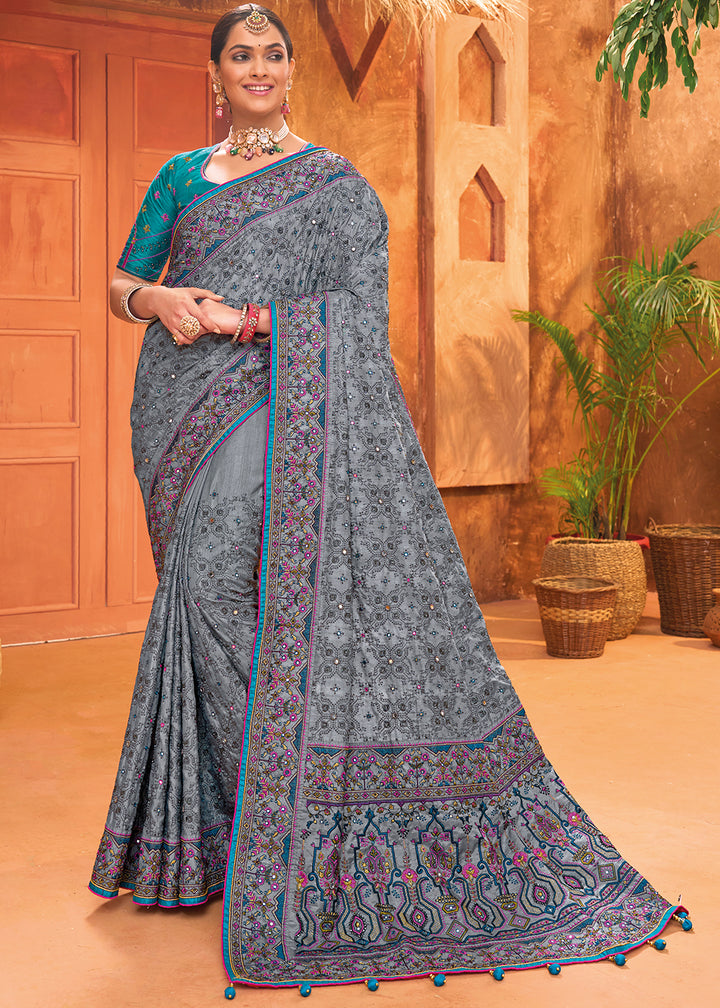 Nevada Grey Banarasi Silk Saree with Heavy Kacchi, Diamond & Mirror Accents